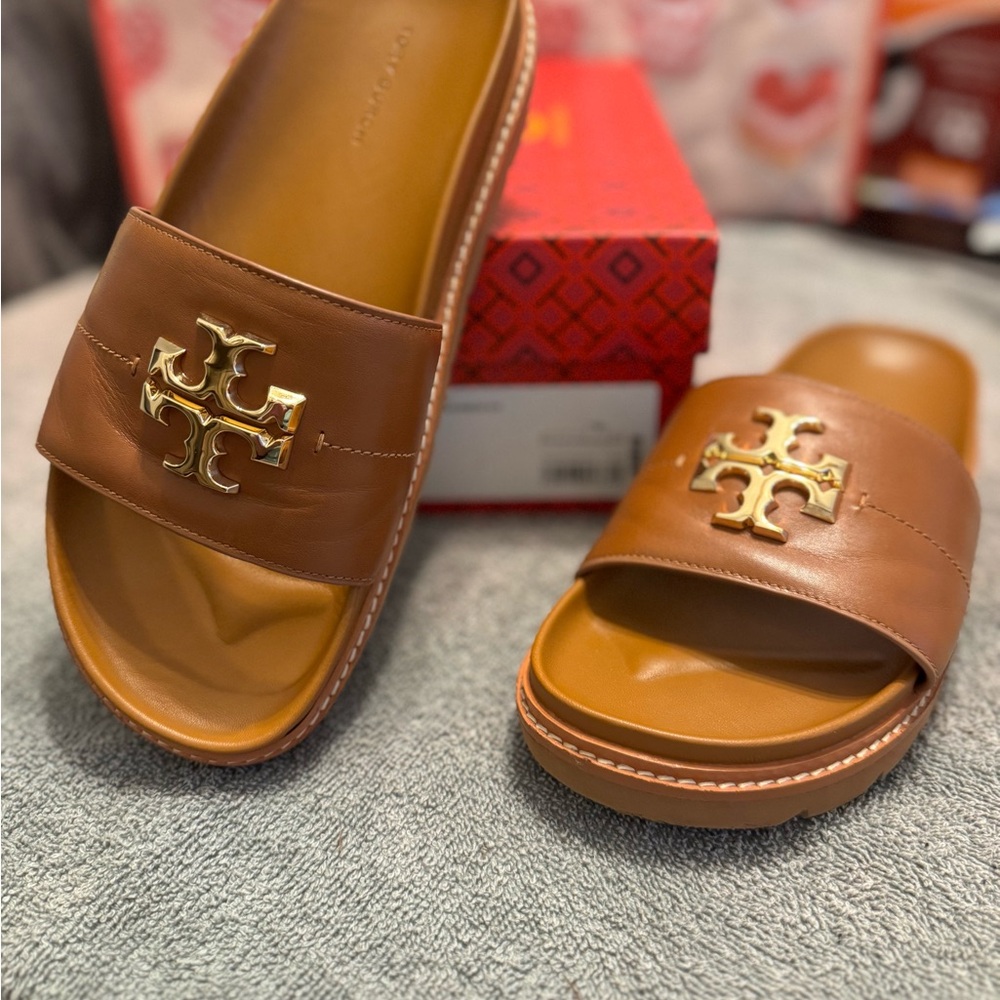 Tory Burch Brown and Gold Slide Sandals with Logo